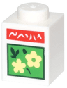 Brick 1 x 1 with Bright Light Yellow Flowers and Dark Green Leaves on Bright Green Square and Red Bar with White Text Pattern (Animal Crossing Flower Seeds)