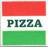 Tile 2 x 2 with Red and Green Stripes and Dark Green 'PIZZA' Pattern (Pizza Box)