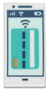 Tile 1 x 2 with Cell Phone / Smartphone with Dark Turquoise Debit / Credit Card on Light Aqua Background, Signal Strength, WiFi, Battery Level and Dark Blue Outline and Contactless Payment Symbol Pattern