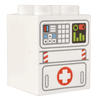 Duplo, Brick 2 x 2 x 2 with Light Bluish Gray Mechanical Panel with Arrows and Keypad, Lime Display and Red Power Meter, and Red Cross Door Pattern
