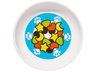 Duplo Utensil Dish 3 x 3 with Yellow, Lime and Reddish Orange Moons, Stars, Triangles and Hearts, Paw Prints on Medium Azure Background Pattern