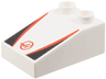 Duplo, Brick 3 x 2 Slope 33 with Haas Formula 1 Logo Stylized Capital Letter H in Circle, Red Stripes, Black Triangles Pattern