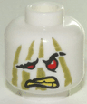 Minifigure, Head Alien Ninjago Red Eyes, Drooping Eye and Mouth Right, Olive Green Stripes, Yellow Teeth Pattern