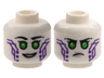 Minifigure, Head Dual Sided Alien Robot Female with Black Eyebrows, Single Eyelashes, Bright Green Eyes, Silver Lips, Dark Purple Circuitry, Open Mouth Smile / Angry Frown Pattern