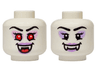 Minifigure, Head Dual Sided Alien Female Vampire with Black Eyebrows, Lavender Eye Shadow, Medium Lavender Lips, Fangs, Grin / Red Eyes, Bright Pink Eye Shadow, Open Mouth Smile with Tongue Pattern