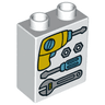 Duplo, Brick 1 x 2 x 2 with Drill, 2 Bolts, Screwdriver and Adjustable Wrench Tools Pattern