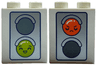 Duplo, Brick 1 x 2 x 2 with Dark Blue and Silver Traffic Light with Dark Bluish Gray Circle and Lime Smiley Smile / Reddish Orange Smiley Sad Pattern