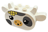 Duplo, Brick 2 x 6 x 2 1/2 Rounded Ends with Ears and Horns Attached with Dark Bluish Gray Spots, Black Eyes, Medium Tan Muzzle, Bright Light Yellow Flowers, Cow Head Pattern