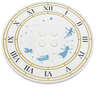 Tile, Round 8 x 8 with 4 Studs in Center with Clock Face, Gold Circles, Black Roman Numerals, Metallic Light Blue Stars and Peter Pan Characters Pattern