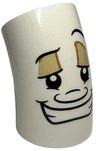 Brick, Round 2 x 2 D. 45 degrees Elbow with Black Thin Eyebrows, Left Raised, Upper and Lower Eyelids, Tan Eye Shadow, Nose, Wide Open Mouth Smile with Teeth Pattern (Lumière {Lumiere} Face)