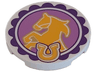 Tile, Round 3 x 3 with Bright Light Orange Horse and Horseshoe on Medium Lavender Circle Background with Dark Purple Scalloped Edge Pattern