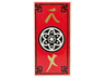 Tile 2 x 4 with Red Background and Ninjago Black with White Flower Medallion Pattern