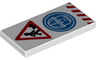 Tile 2 x 4 with Minifigure Worker with Shovel and Pile, Head with Construction Helmet in Blue Circle, and Red Danger Stripes Pattern