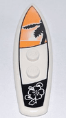 Minifigure, Utensil Surfboard Standard with Black Palm Tree on Orange Sunset Background and Black Flower Pattern