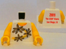 Torso Shirt with Orange Collar and 3 Flowers over Yellow and Silver Curved Stripes, '2011 The LEGO Store San Diego, CA' on Back Pattern / Yellow Arms / Yellow Hands