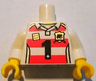 Torso Rugby Uniform Shirt with Red Stripes, Black Number 1, Gold 2 x 2 Brick Logo, Shield Emblem, Shoulders and Side Panels, Yellow Neck Pattern / White Arms / Yellow Hands