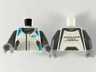 Torso Speed Champions Jumpsuit, Medium Azure Shoulders, 'e' and Dark Bluish Gray Collar Pattern / Dark Bluish Gray Arms / Light Bluish Gray Hands