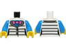 Torso Female Jacket with Dark Bluish Gray Prison Stripes over Dark Azure Shirt, Dark Pink Bow Tie Pattern / Dark Azure Arms / Yellow Hands