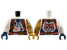 Torso Racing Jacket with Dark Blue Panels, Coral Harness Straps with Gold Buckles, Zipper, and Key on Key Chain, Grumpy Cat Face on Back Pattern / Pearl Gold Arm Left with Armor Pattern / White Arm Right / Pearl Gold Hand Left / Dark Blue Hand Right
