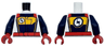 Torso Racing Suit with Logo and Bright Light Orange Chest and Stripes on Dark Blue Panel, Red Belt and Shoulders Pattern / Dark Blue Arms / Red Hands