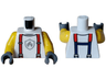Torso T-Shirt with Black Collar and Silver Fire Logo Badge, Red and Dark Blue Suspenders Pattern / Yellow Arms / Dark Bluish Gray Hands