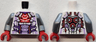 Torso Armor with Lavender Highlights and Abdomen Panels, Red and Coral Trim, Samurai Helmet and Crossed Swords Logo, Dark Purple Stomach and Neck, Circles with Fans on Back Pattern / Flat Silver Arms / Red Hands
