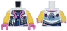 Torso Female Cropped Jacket Open with Zipper, Dark Pink Lapels and Buckles over Dark Blue and Metallic Pink Top, Hourglass on Back Pattern / Yellow Arms / Dark Pink Hands
