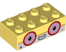 Brick 2 x 4 with Bright Light Orange Middle Line, White Lower Half, Round Pink Eyes with Red Outline, Smile Showing Teeth and Dots on Cheeks Pattern