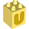 Duplo, Brick 2 x 2 x 2 with Yellow Capital Letter U with Bright Light Orange Outline Pattern