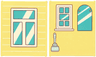Glass for Window 1 x 6 x 6 Flat Front with Window with Medium Azure Panes, White Frame and Reflections / Small Window, Curved Top Mirror, and Light Aqua Toilet Cleaning Brush Pattern