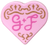 Tile, Round 1 x 1 Heart with Gold Filigree and Dark Pink Script 'G + F' Pattern
