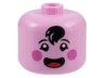 Minifigure, Head, Modified Giant Black Eyebrows and Hair Tuft, Dark Pink Circles on Cheeks, Open Mouth Smile with Red Tongue Pattern