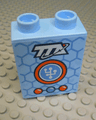 Duplo, Brick 1 x 2 x 2 with White 'TTA' and Orange and Blue Circle and Buttons on Blue Honeycomb Pattern