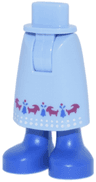Mini Doll Hips and Skirt Long with Molded Blue Legs and Feet and Printed Bells, Magenta Goats and White Dots Hem Pattern - Thick Hinge