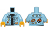 Torso Denim Jacket over Black Shirt with Badges, 'YO!', 'POW!' and Silver Necklace with 'P' Pendant Pattern / Bright Light Blue Arms / Yellow Hands