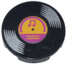 Tile, Round 2 x 2 with Bottom Stud Holder with Vinyl Record with Bright Light Orange and Magenta Center and Music Notes Pattern