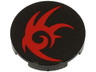 Tile, Round 2 x 2 with Bottom Stud Holder with Red Tribal Symbol Pattern (Shadow the Hedgehog Logo)
