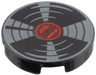 Tile, Round 2 x 2 with Bottom Stud Holder with Vinyl Record with Red and Dark Red Label and Dark Silver Highlights Pattern