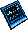 Road Sign 2 x 2 Square with Open O Clip with Hospital Computer Screen with Dark Azure Border and Buttons, Bright Light Blue '82', Monitor Wave and Base, White '56' and Lines Pattern