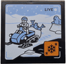Tile 4 x 4 with 'LIVE' Broadcast with Bright Light Blue Snowmobile, Fish, Seal and Sky, White Ground and Mountains, Orange Icon with Black Snowflakes Pattern