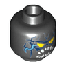 Minifigure, Head Alien with Yellow Triangular Eyes, Blue Lightning on Front and Back, Pointed White Teeth Pattern