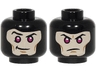 Minifigure, Head Dual Sided Balaclava over Light Nougat Face with Eyebrows, Magenta Eyes, Medium Nougat Cheek Lines and Chin Dimple, Lopsided Grin / Angry Frown Pattern