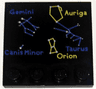 Tile, Modified 4 x 4 with Studs on Edge with Blue and Yellow Constellations, 'Gemini', 'Auriga', 'Canis Minor', 'Taurus', and 'Orion' Pattern