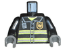 Torso Fire Uniform Gold Badge, Silver Reflective Stripes, Dark Bluish Gray Radio Pattern / Black Arms / Dark Bluish Gray Hands