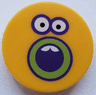Tile, Round 2 x 2 with Bottom Stud Holder with Sunflower Face, Dark Purple and Lime Outlined Open Mouth and Eyes Pattern