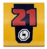 Slope, Curved 2 x 2 x 2/3 with Dark Blue Panel, Red Number 21 and White Logo Pattern