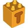 Duplo, Brick 2 x 2 x 2 with Orange Capital Letter T with Reddish Brown Outline Pattern