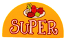 Duplo, Brick 2 x 4 x 2 Slope Curved Double with 'SUPER' and Food on Dish Pattern