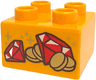 Duplo, Brick 2 x 2 with Red Gems and Gold Coins and Sparkles Pattern