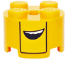 Brick, Round 2 x 2 with Axle Hole with Yellow Stripe, Black Bent Line and Open Mouth with White Teeth Pattern